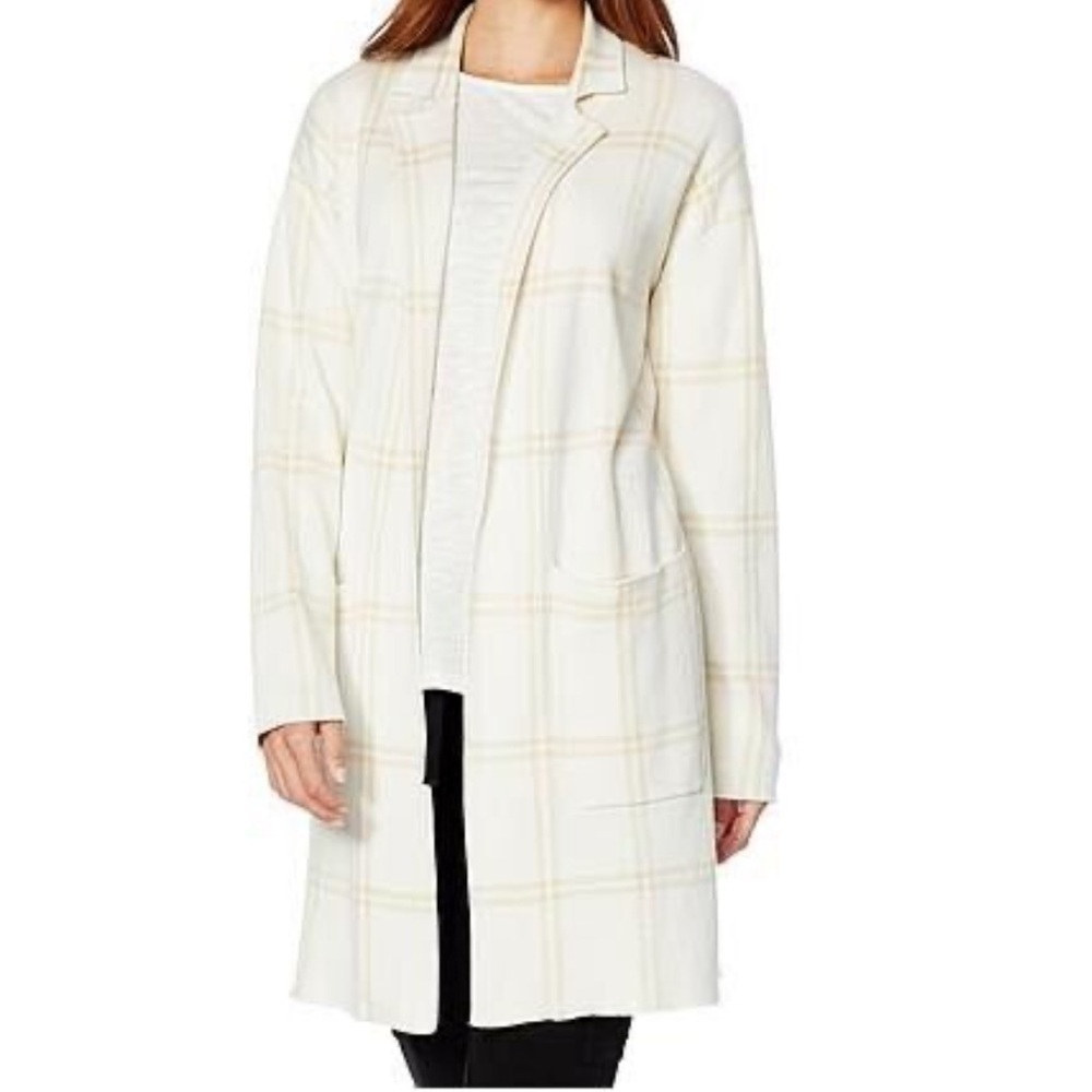 G by Giuliana ivory beige plaid long cardigan sweater duster open front Sz S